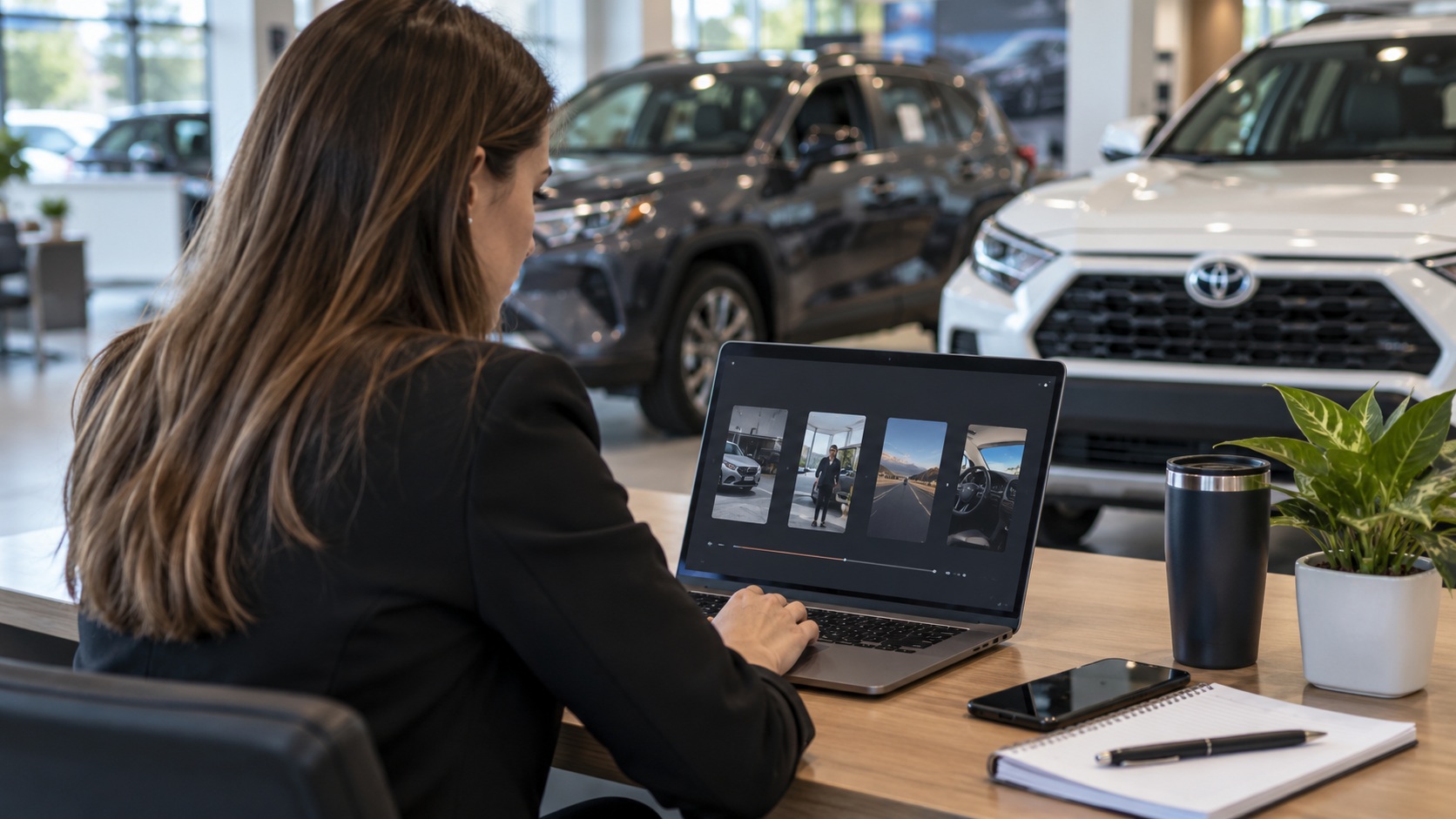 Woman at a dealership desk reviewing video ad creatives on a laptop.